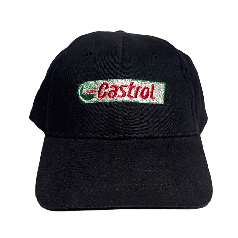 Black Castrol embroidered patch adjustable hat